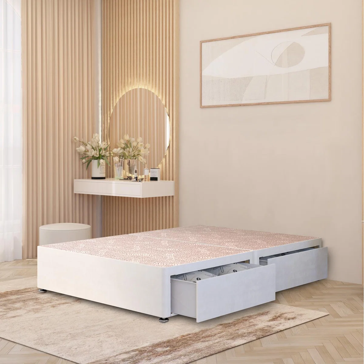Divan Bed Base Plush Velvet Solid Platform Top with Draw Options - White / Single / 2 Drawers