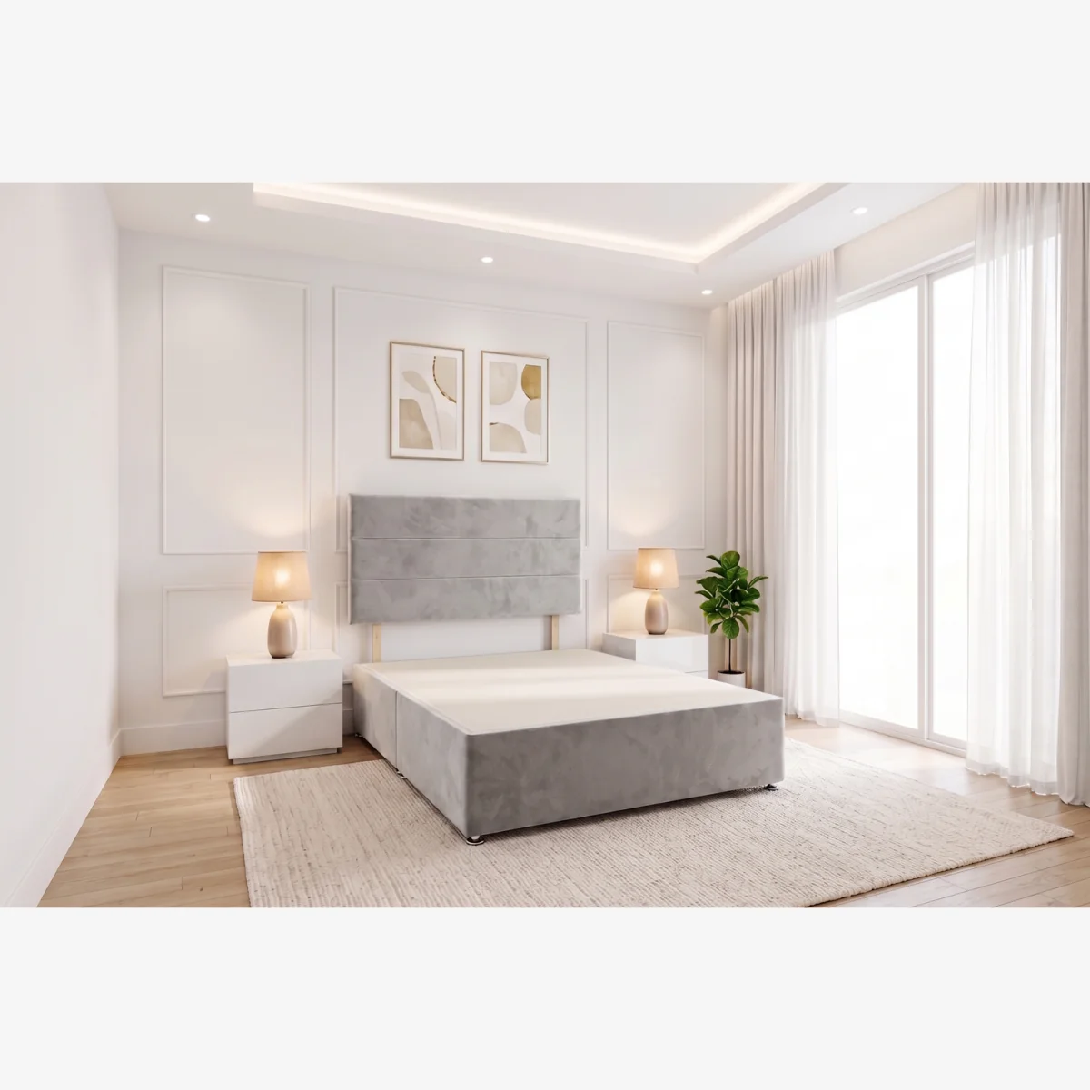 York Silver Plush 4FT6 Divan Bed Frame No Drawers with Upholstered Headboard - Double - Silver / Double – image 1