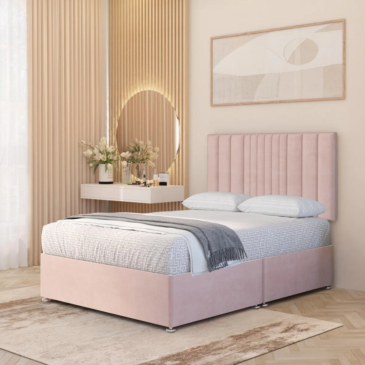 Arizona Plush Velvet Orthopaedic Divan Bed Set Hybrid Mattress and 32" Headboard - Pink / Small Single / No Drawers