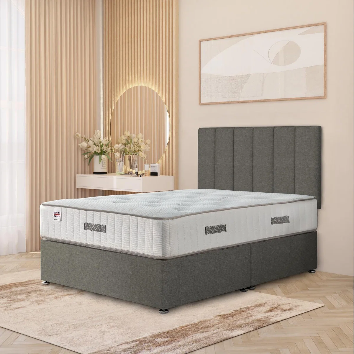 Austin Linen Fabric Storage Divan Bed Hybrid Orthopaedic Mattress 32" Headboard - Silver / King / No Drawers