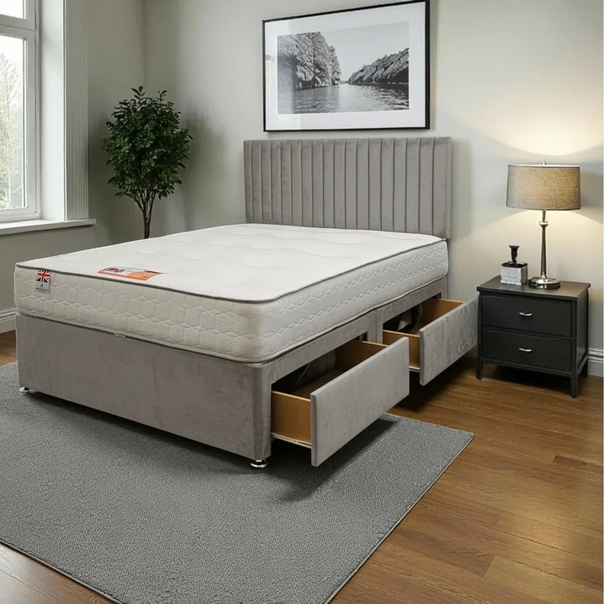 Emily Plush Bed Set With Mattress, 2 Drawers Same Side 24"Headboard - Silver / Small Single / 79cm