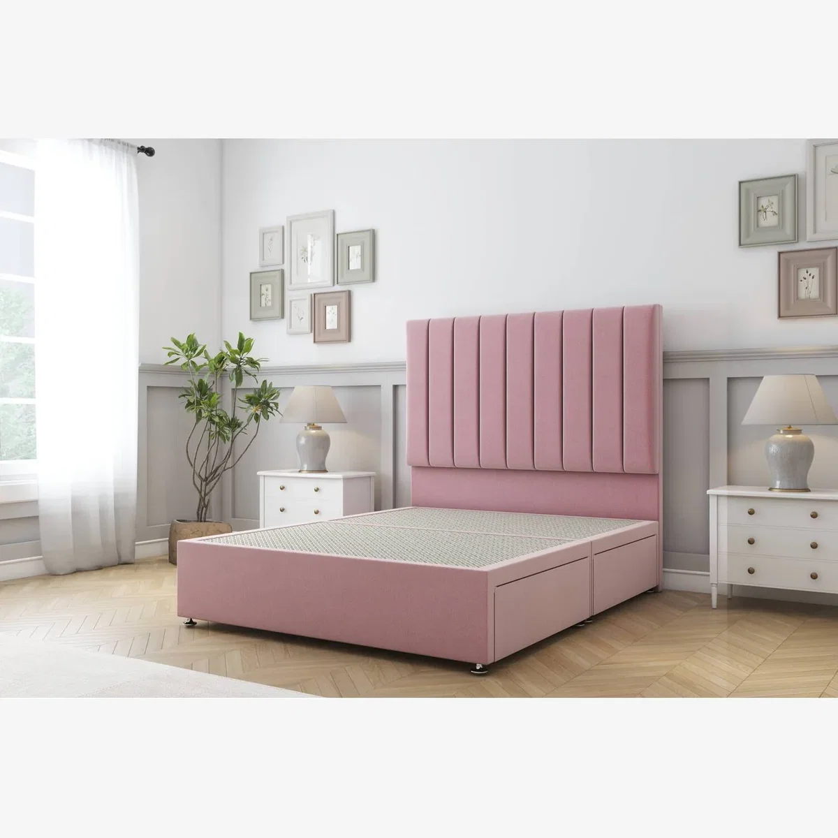 Sloomy Kansas Pink Plush Divan Bed Base 2 Drawers Foot-End 54 Inch Floor Standing Headboard - Pink / 1350mm – image 1