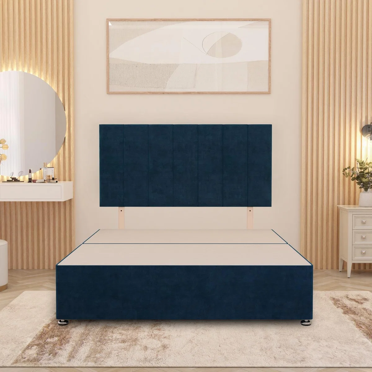 Austin Divan Bed Frame with 32" Headboard and Optional Storage in Plush Velvet - Navy / Single / 27.5kg