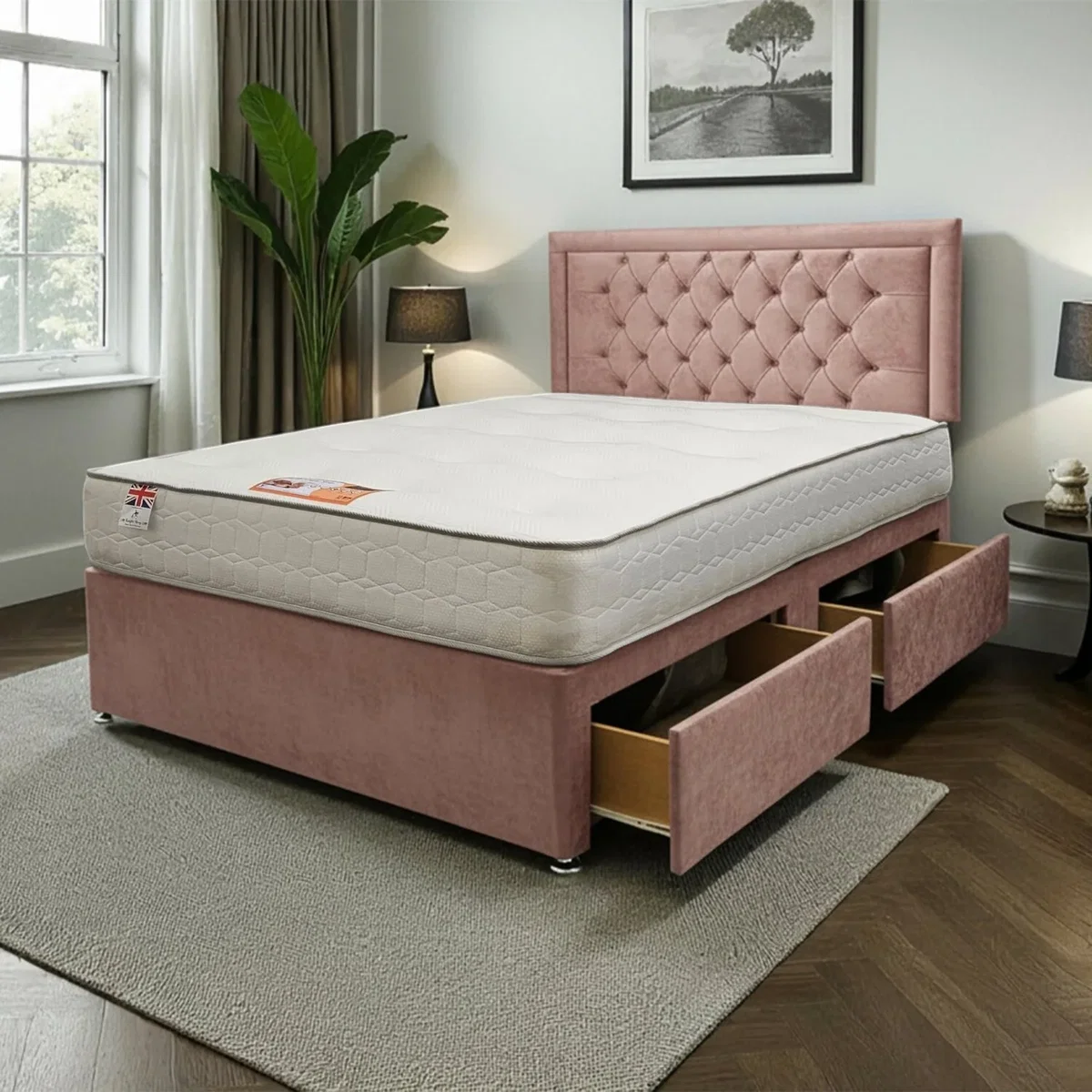 Ellis Plush Bed Set With Mattress, 2 Drawers Same Side & 24"Headboard - Pink / Superking – image 1