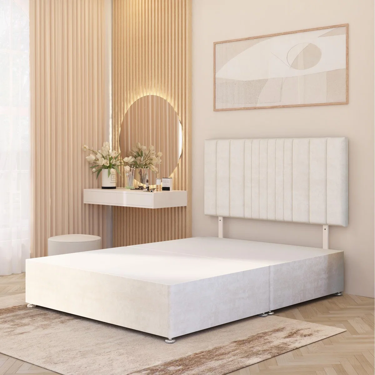 Arizona Plush Velvet Divan Bed Base with Drawers and 32" Headboard - Ivory / Small Double / No Drawers