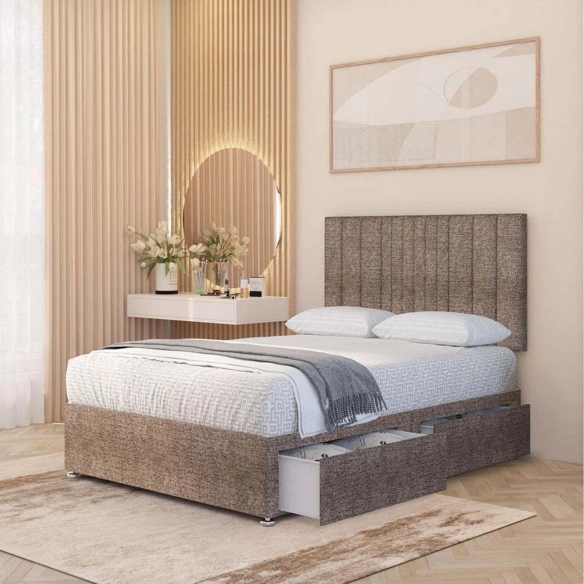 Arizona Tweed Fabric Orthopaedic Divan Bed Set Hybrid Mattress and 32" Headboard - Coffee / Small Single / 2 Drawers