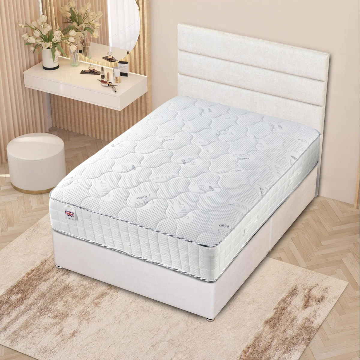 Horizona Velvet Divan Bed Set Pocket Spring Mattress Floor Standing Headboard - White / 2 / King