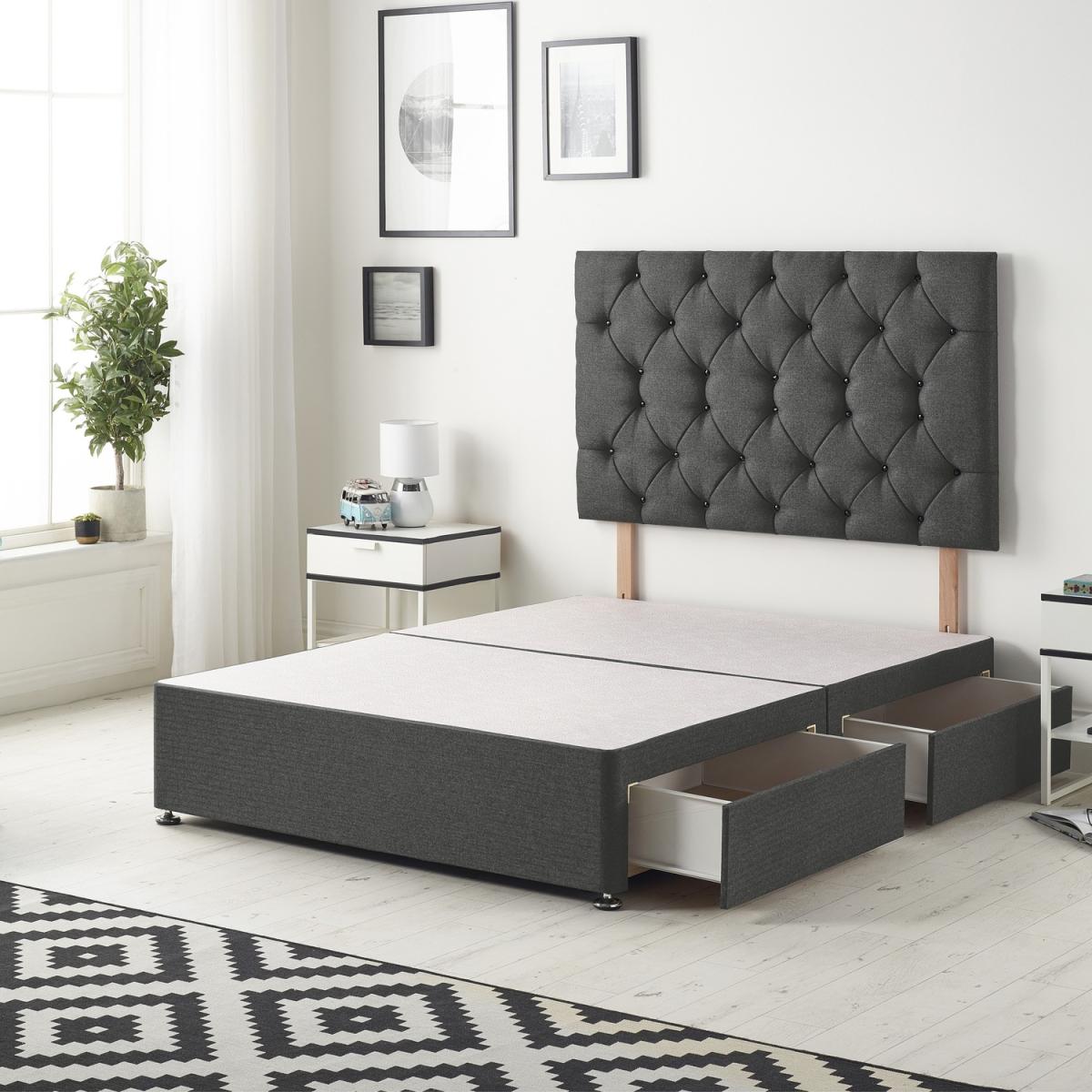 Savoy Tweed Fabric Divan Bed Base with 32" Diamante Headboard and Drawers - Charcoal / 4 Drawers / Superking