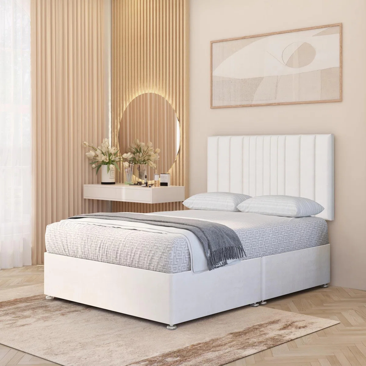 Arizona Plush Velvet Orthopaedic Divan Bed Set Hybrid Mattress and 32" Headboard - White / Double / No Drawers