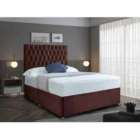 Jemma Divan Bed with Headboard Mattress-Chenille Fabric, 2 Drawers Left Side - Brown / Superking / Super King
