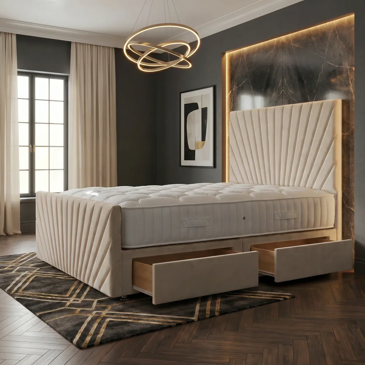 Sunrise Velvet Divan Bed with Mattress 54" Headboard and 22" Footboard - Ivory / 2 / Double