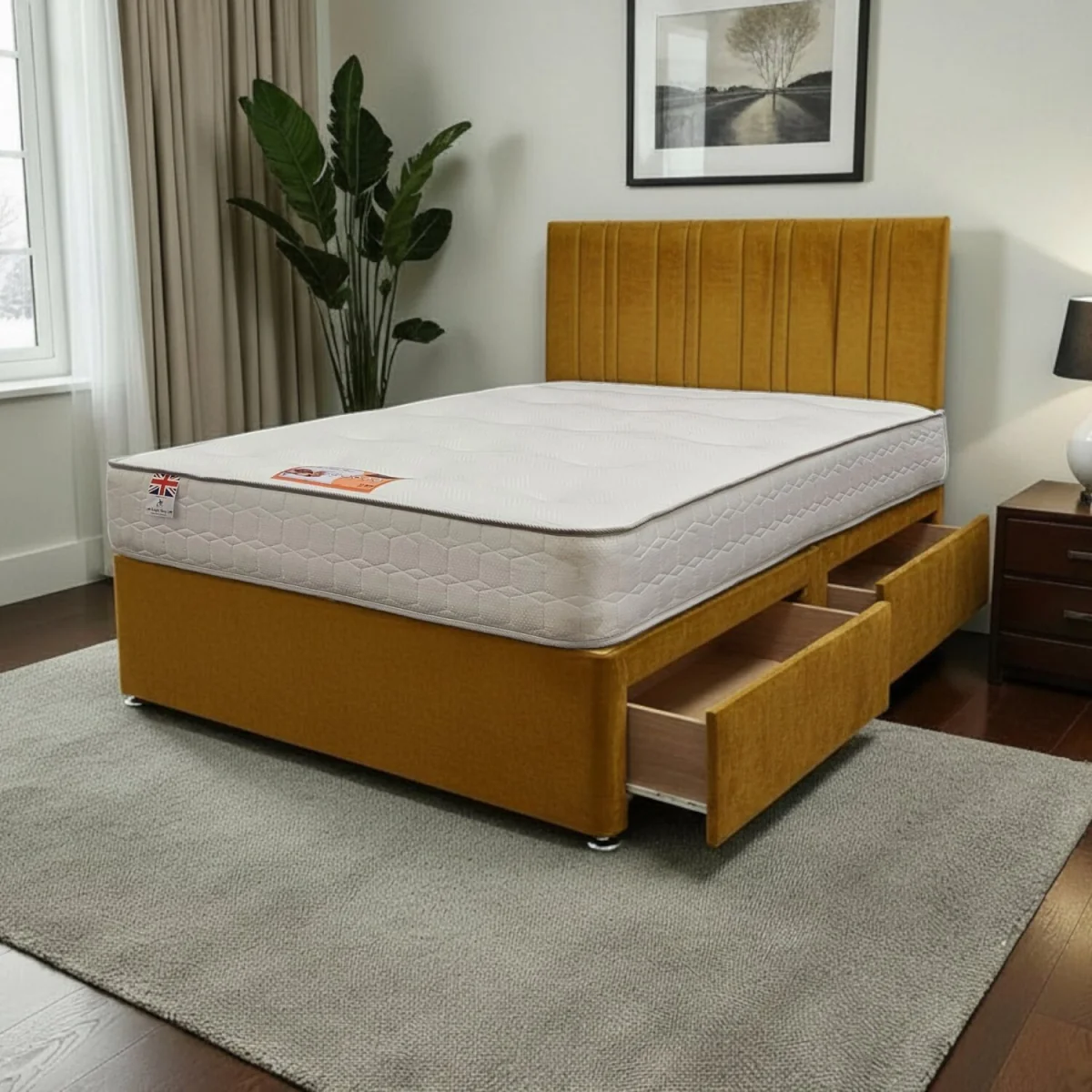 SKY Plush Bed Set With Mattress, 2 Drawers Same Side & 24"Headboard - Mustard / Small Double – image 2