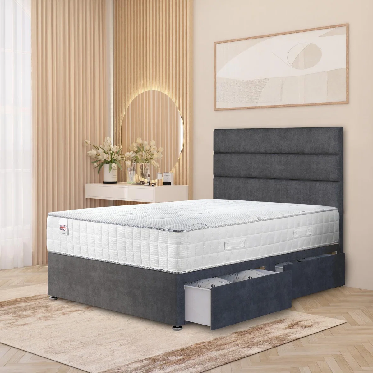 Horizona Velvet Divan Bed Set Pocket Spring Mattress Floor Standing Headboard - Charcoal / 2 / Single