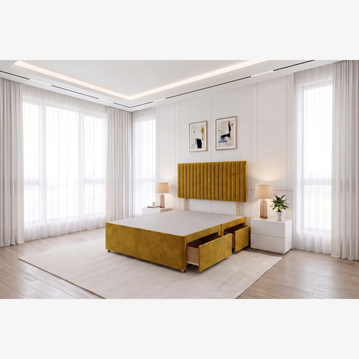 York Emerald Plush 5FT Divan Bed Base With 2 Drawers & Headboard-King Size - Mustard / Small Single / 2
