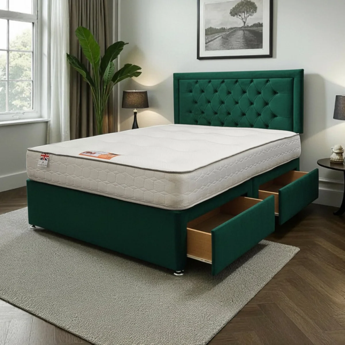 Ellis Plush Bed Set With Mattress, 2 Drawers Same Side & 24"Headboard - Emerald / Small Double – image 1