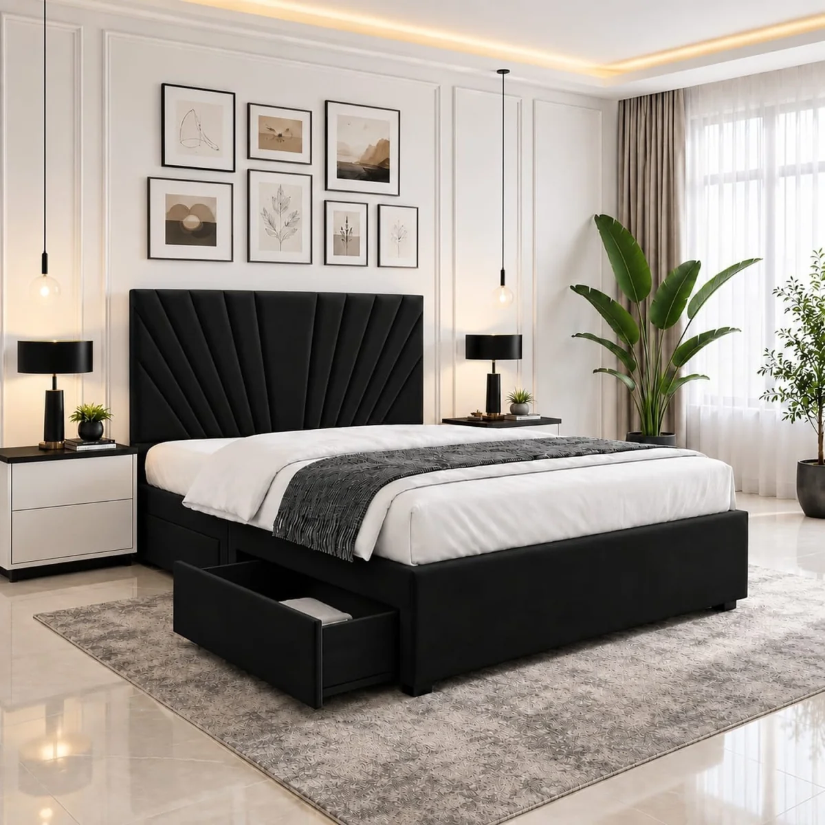 Velmora Luxury Upholstered Divan Bed With Tall Headboard And Mattress - Black / Double – image 1