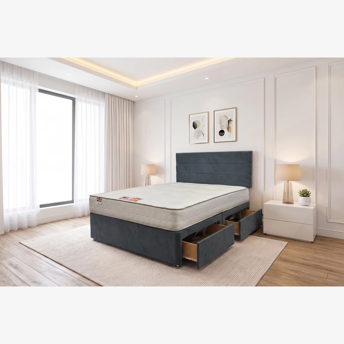 Emily Silver Naples 6FT Bed Set With Mattress, 2 Drawers Same Side & 24"Headboard - Super King - Charcoal / King / 2 – image 1