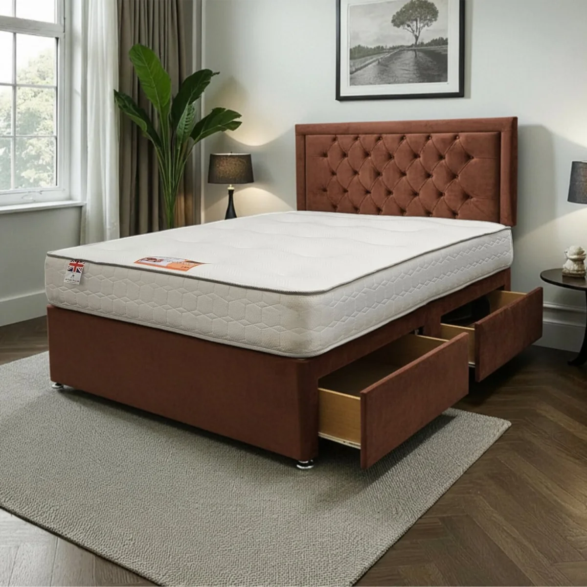 Ellis Plush Bed Set With Mattress, 2 Drawers Same Side & 24"Headboard - Mocca / Double – image 1
