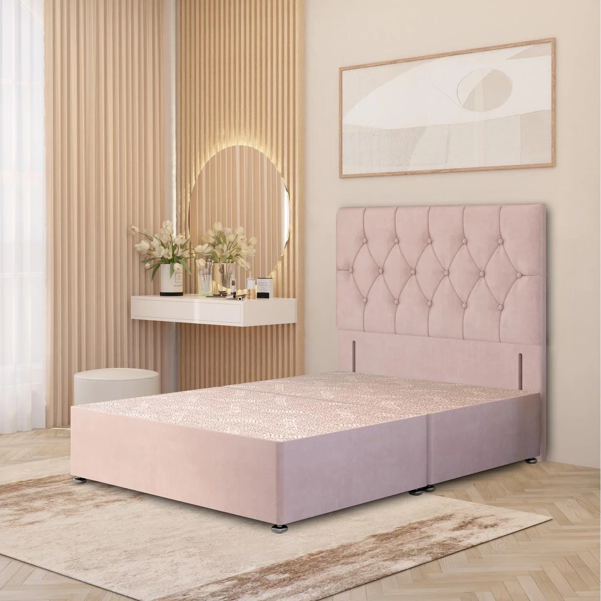 Chesterfield Velvet Divan Bed Base with 54" Floor Standing Headboard and Drawers - Pink / Small Single / No Drawers