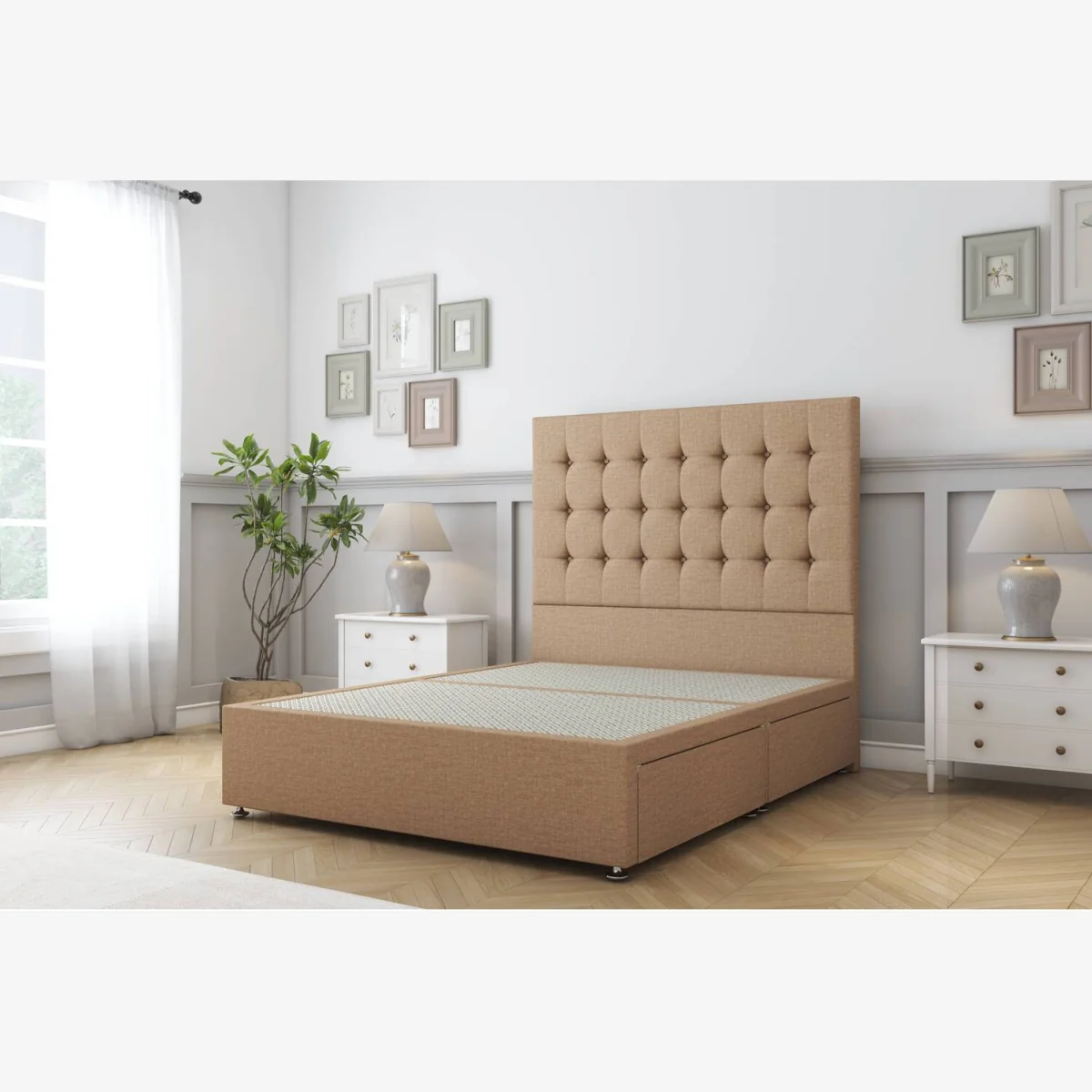 Alabama Latte Tweed Divan Bed Base 2 Drawers Same Side - 54 Inch Floor Standing Headboard - Latte / 1200mm – image 1