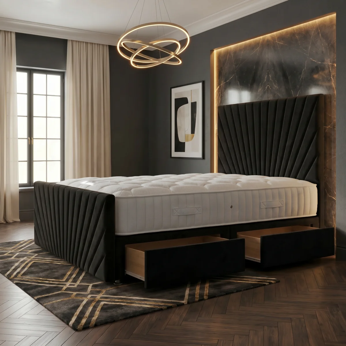 Sunrise Velvet Divan Bed with Mattress 54" Headboard and 22" Footboard - Black / 2 / Double