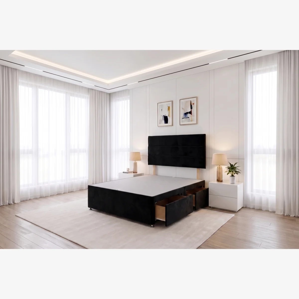 York Emerald Plush 2FT6 Divan Bed Base With 2 Drawers & Headboard-Small Single - Black / Small Double