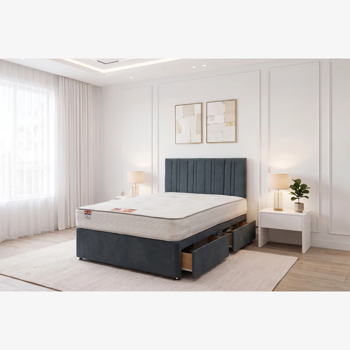 SKY Plush Bed Set With Mattress, 2 Drawers Same Side & 24"Headboard - Charcoal / Super King – image 1