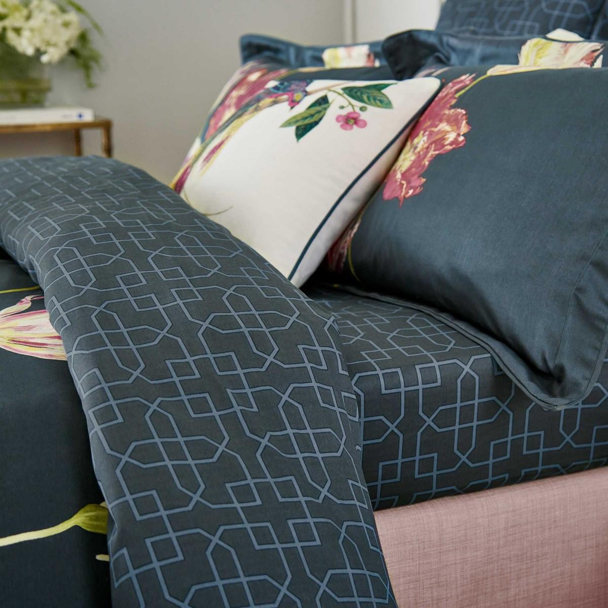Tulipomania Cotton Sateen Fitted Sheet By Sanderson in Ink Blue