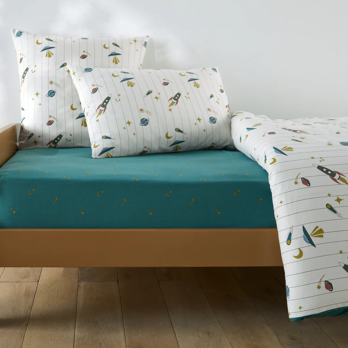 Egor Rocket Print 30% Recycled Washed Cotton Child's Fitted Sheet Cotton with 25cm Flap – image 1