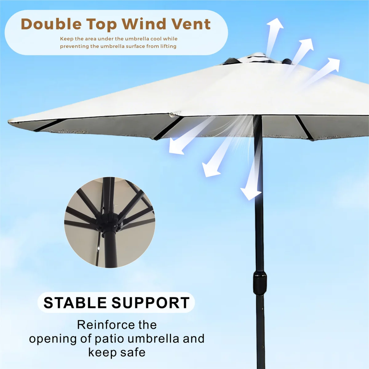 Abrihome Patio Umbrella with Double Vent ¿ Coated Waterproof Fabric, Crank Handle, Ideal for Garden - Beige / 250cm – image 14
