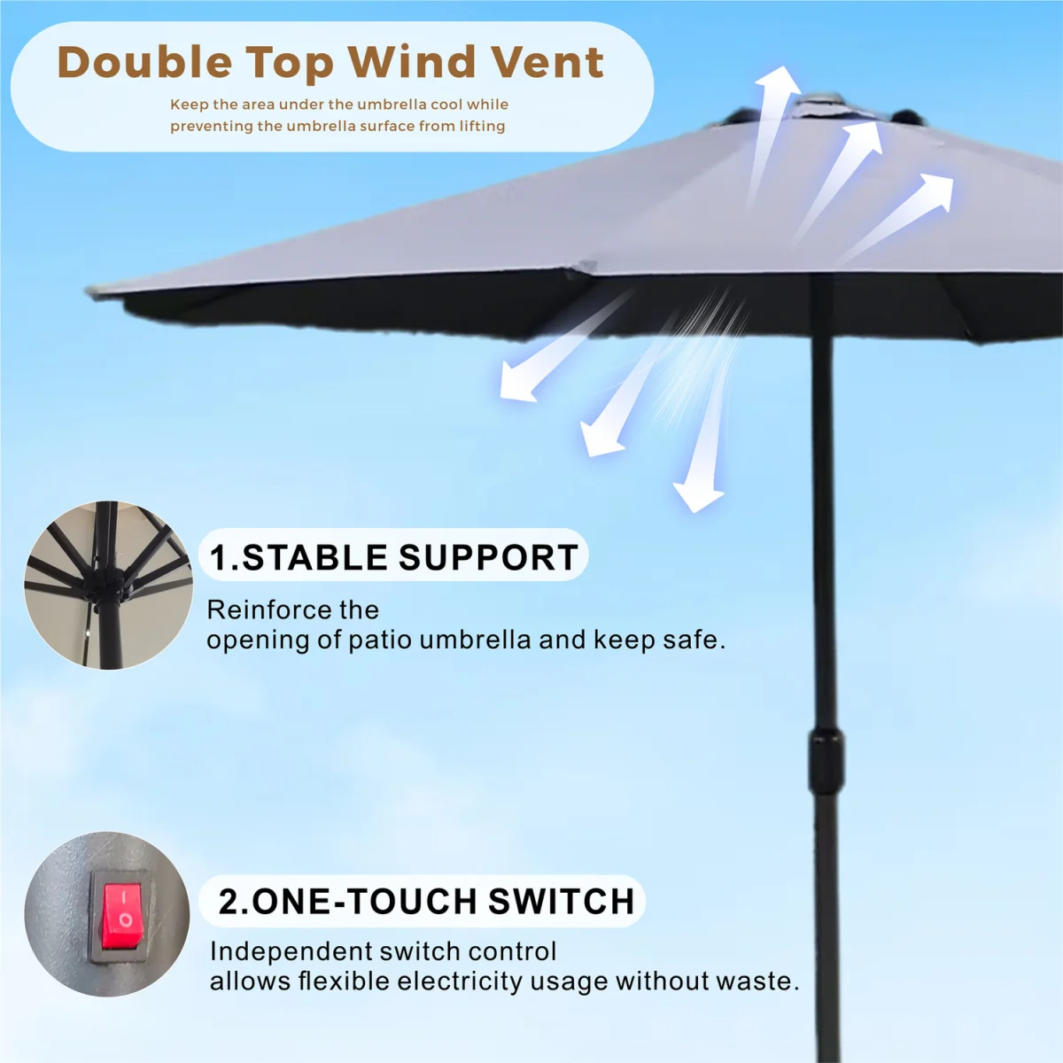Abrihome Patio Umbrella with Double Vent ¿ Coated Waterproof Fabric, Crank Handle, Ideal for Garden - Beige / 250cm – image 19