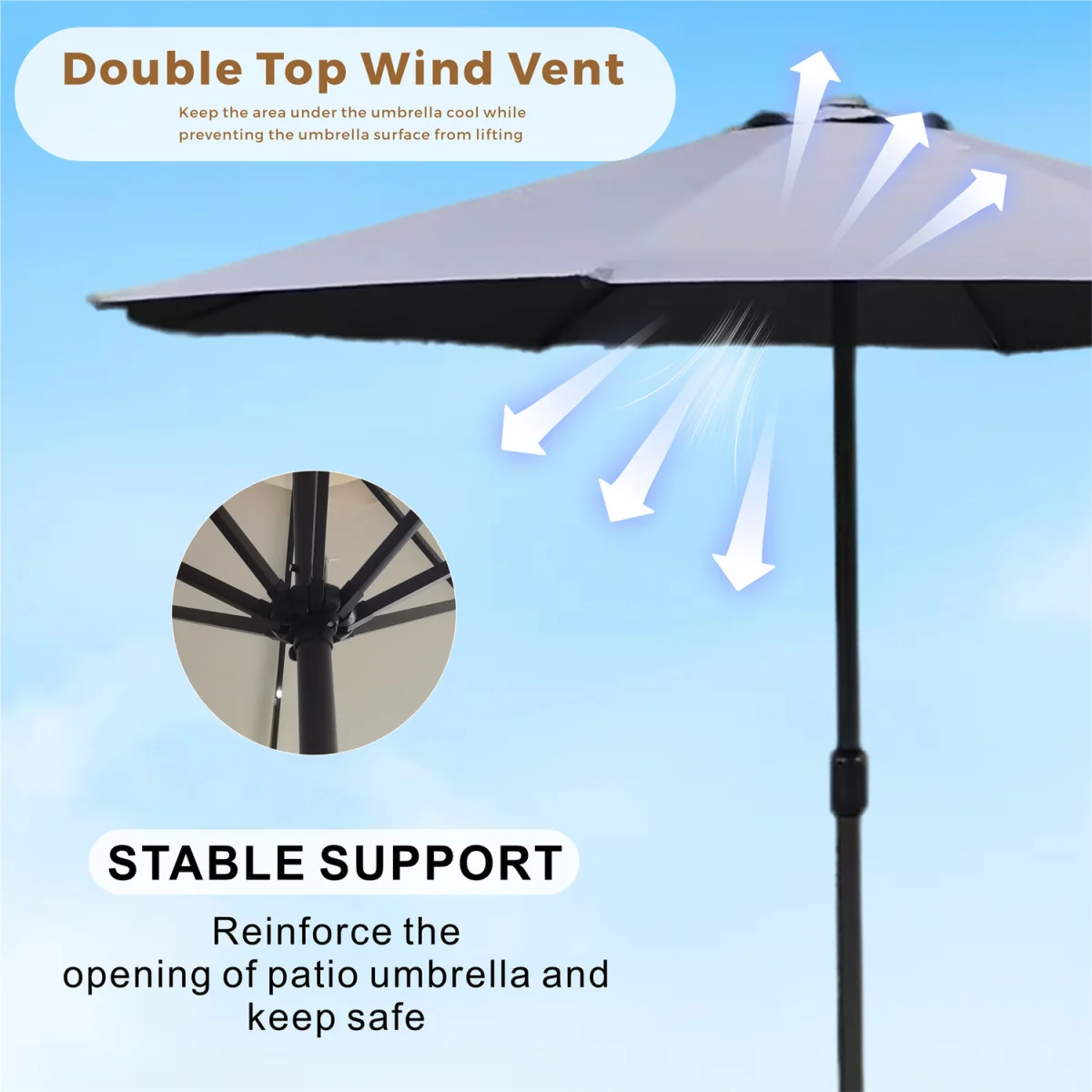 Abrihome Patio Umbrella with Double Vent ¿ Coated Waterproof Fabric, Crank Handle, Ideal for Garden - Beige / 250cm – image 40