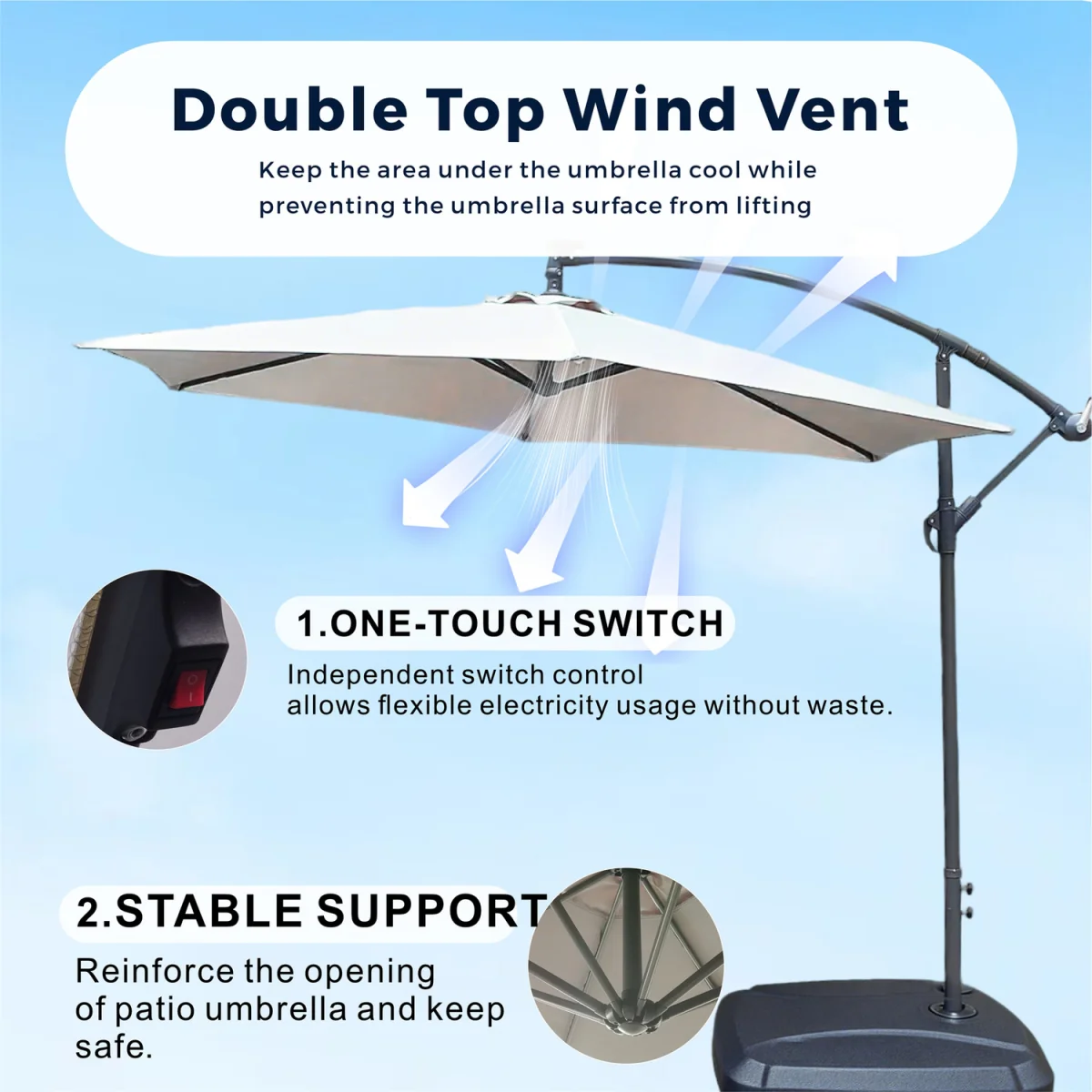 Abrihome Patio Umbrella with Double Vent ¿ Coated Waterproof Fabric, Crank Handle, Ideal for Garden - Beige / 250cm – image 47