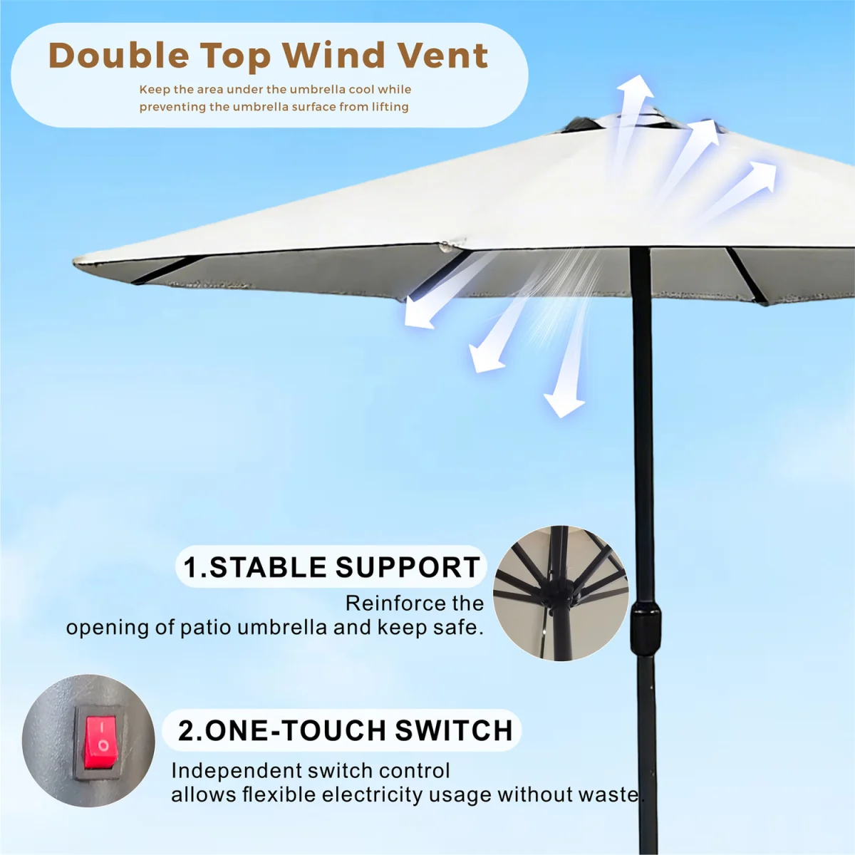 Abrihome Patio Umbrella with Double Vent ¿ Coated Waterproof Fabric, Crank Handle, Ideal for Garden - Beige / 250cm – image 55