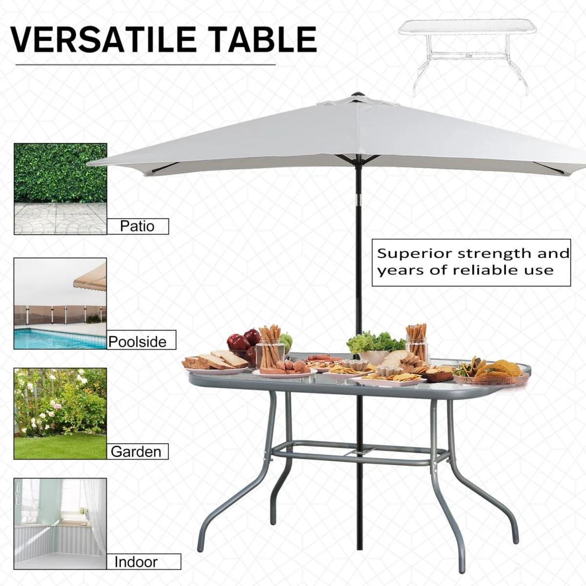 Lemone 120cm Charcoal Grey Rectangular Garden Dining Table with Glass Top and Parasol Hole – image 6