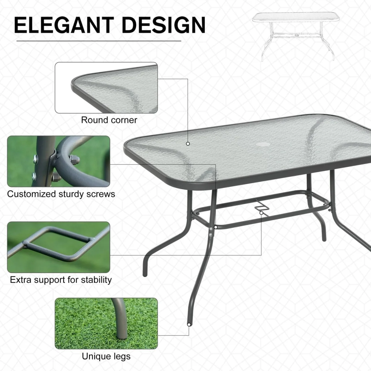 Lemone 120cm Charcoal Grey Rectangular Garden Dining Table with Glass Top and Parasol Hole – image 7