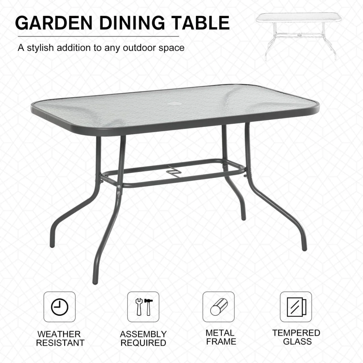 Lemone 120cm Charcoal Grey Rectangular Garden Dining Table with Glass Top and Parasol Hole – image 8