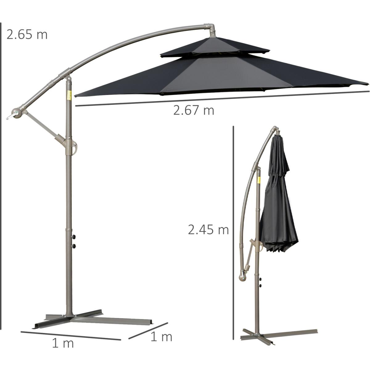 2.7m Banana Parasol with Crank Handle, Double Tier - Black – image 2
