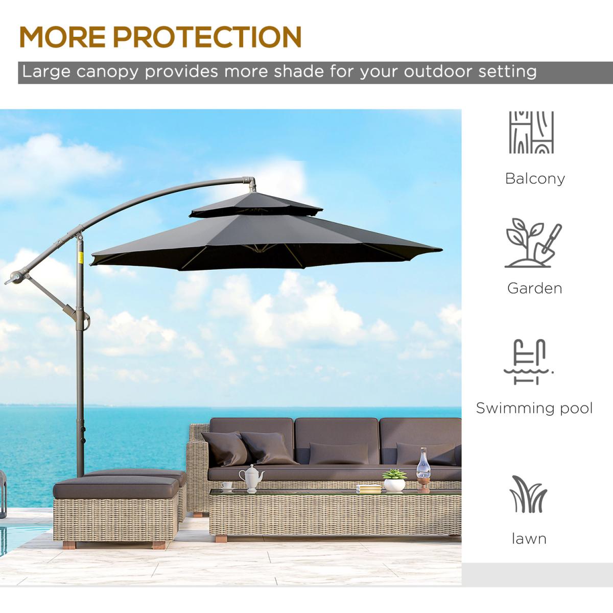 2.7m Banana Parasol with Crank Handle, Double Tier - Black – image 6