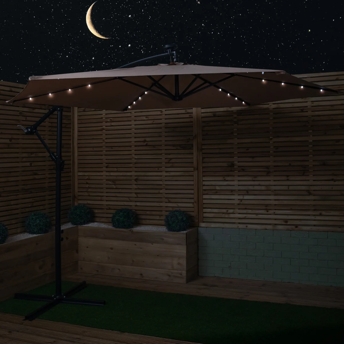 3m Solar Powered Beige Cantilever Lit Banana Garden Parasol with Crank Handle & White LED Lights - Beige – image 7