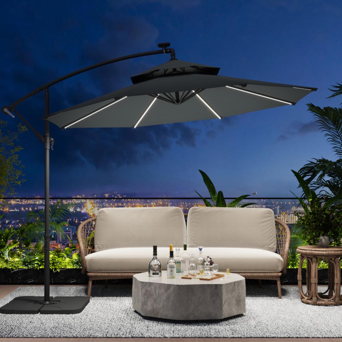 Cantilever Garden Parasol with LEDs and Crank - All-Weather - Dark Grey / Black