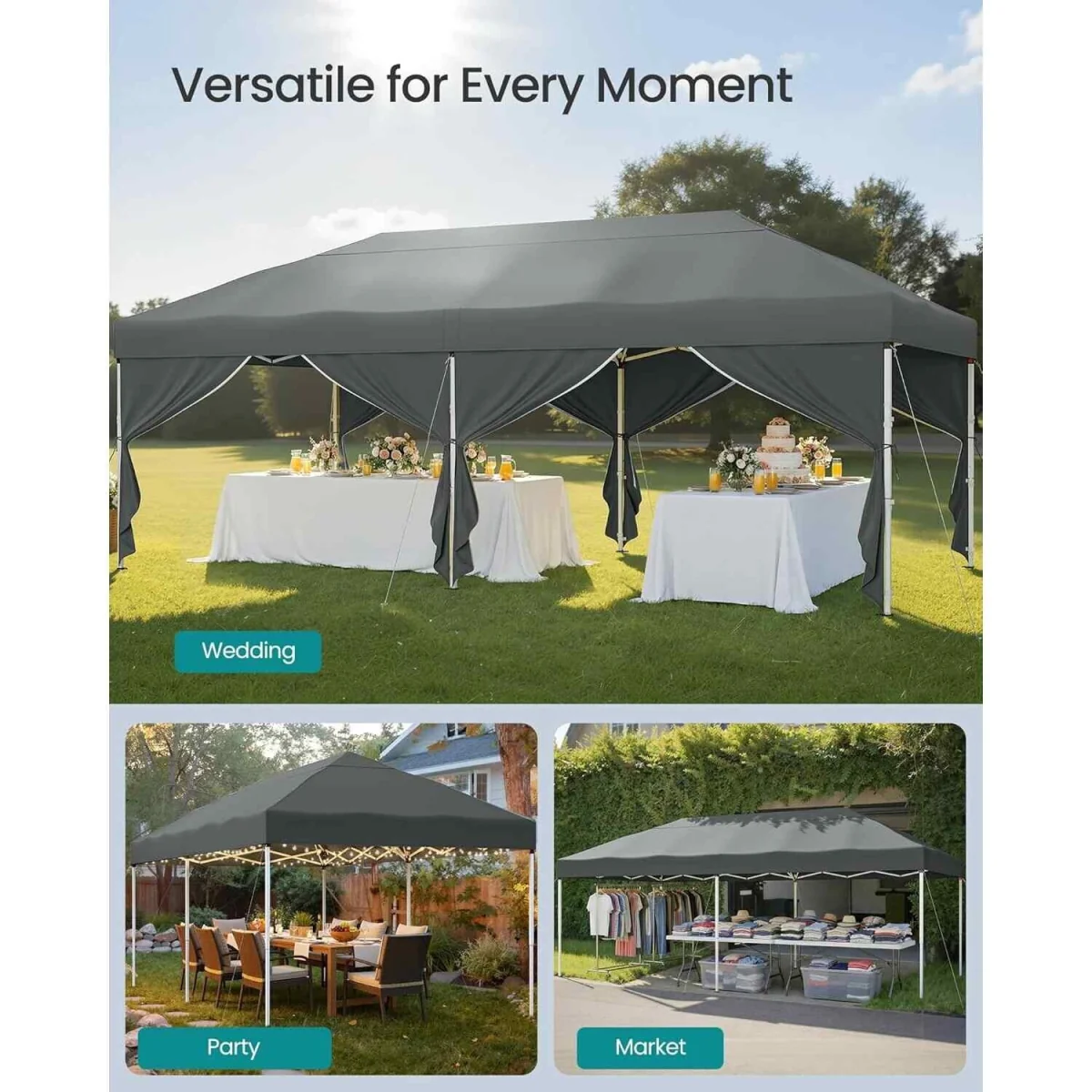 Heavy Duty Pop Up Gazebo with Side Panels, Grey - Dark Grey – image 6