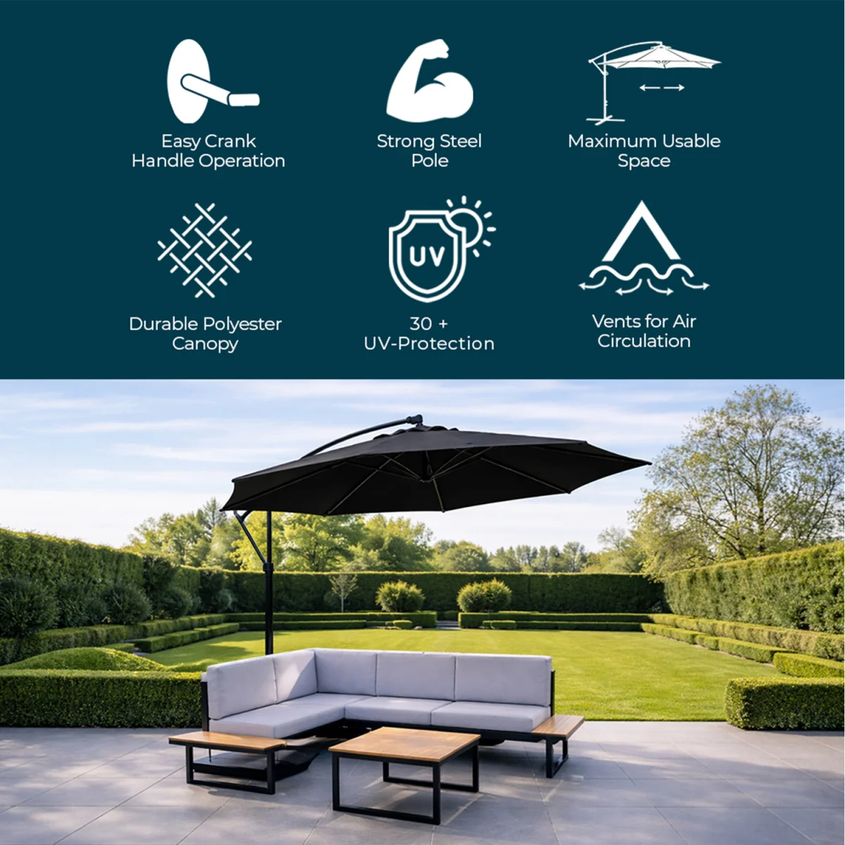 JSH 3M Banana Cantilever Parasol UV Protection Garden Patio Sun Umbrella - Black – image 3