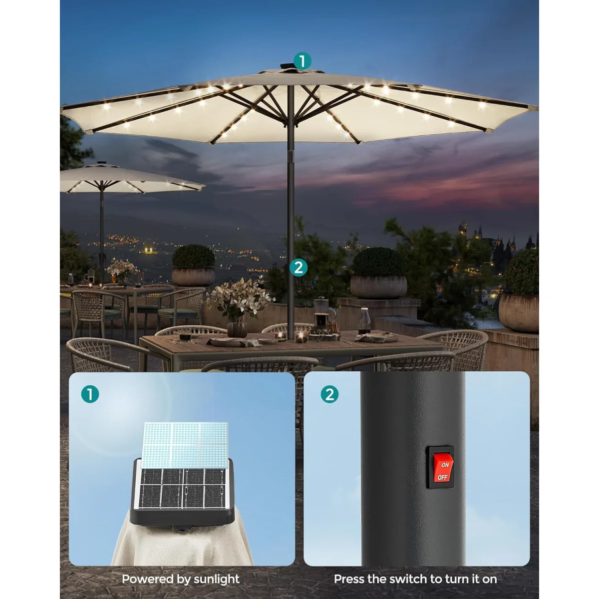2.7 m Solar LED Garden Parasol, UPF 50+, Tilting Crank - Beige – image 4