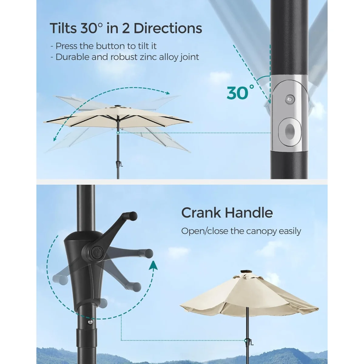 2.7 m Solar LED Garden Parasol, UPF 50+, Tilting Crank - Beige – image 5
