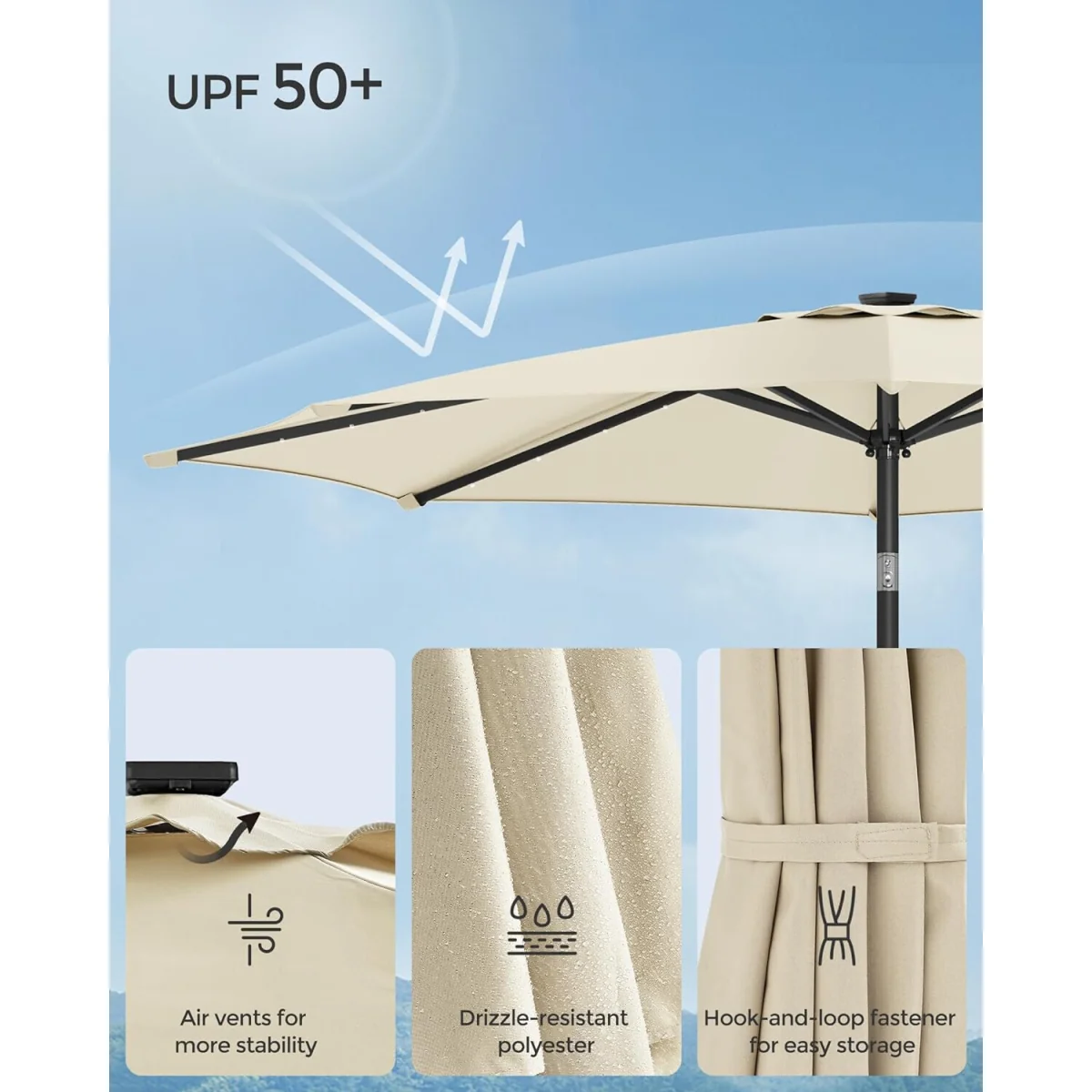 2.7 m Solar LED Garden Parasol, UPF 50+, Tilting Crank - Beige – image 6