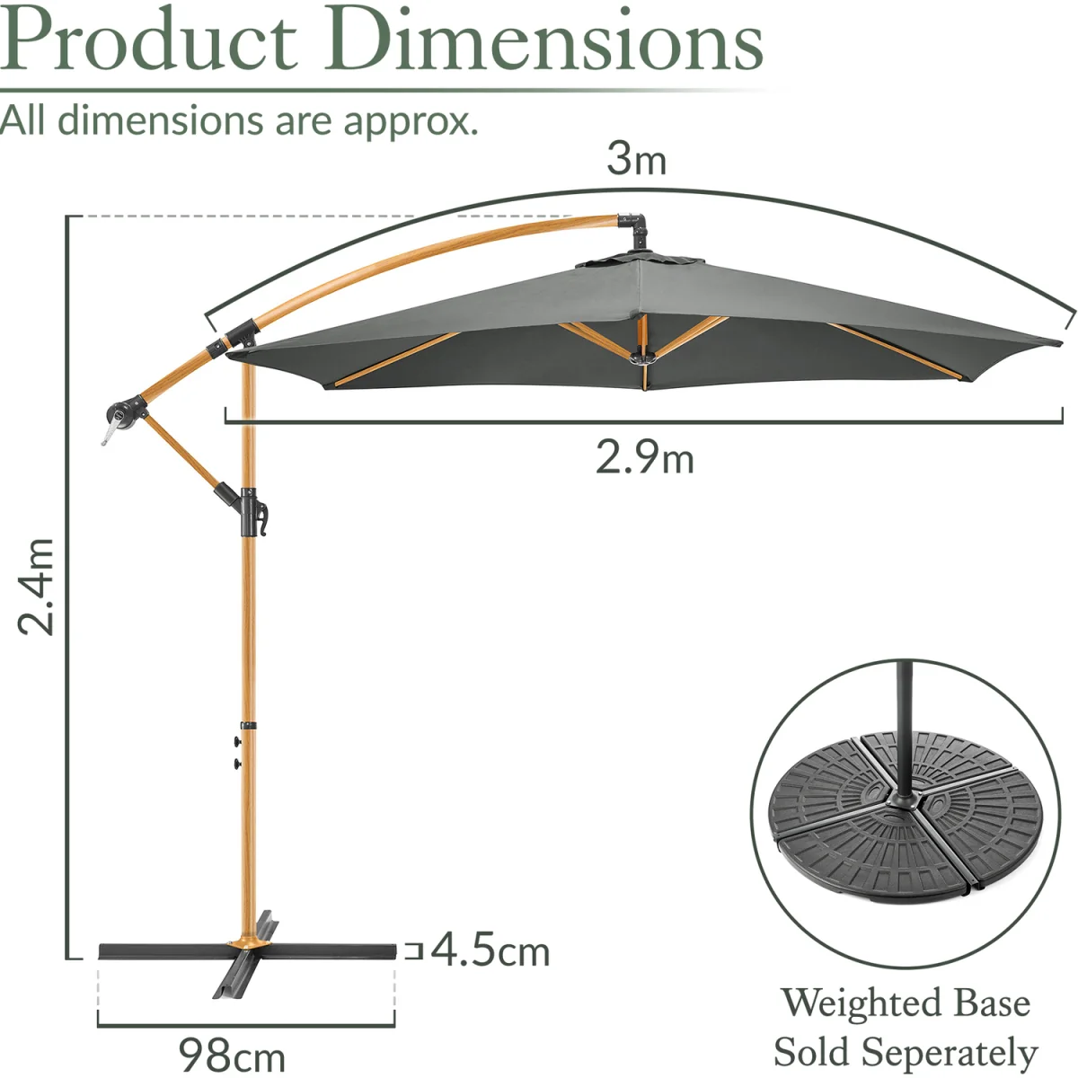 Christow Wood-Effect Cantilever Parasol - 3m - Grey – image 7
