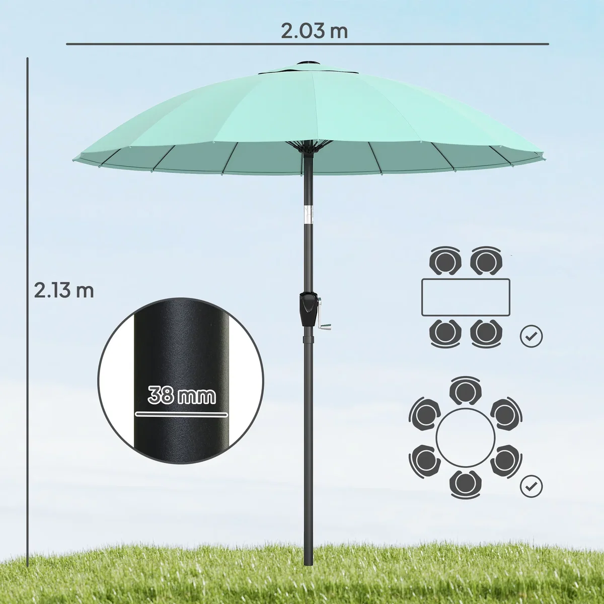 Outsunny 2m Shanghai Garden Parasol Umbrella, Outdoor Sun Shade - Turquoise – image 4
