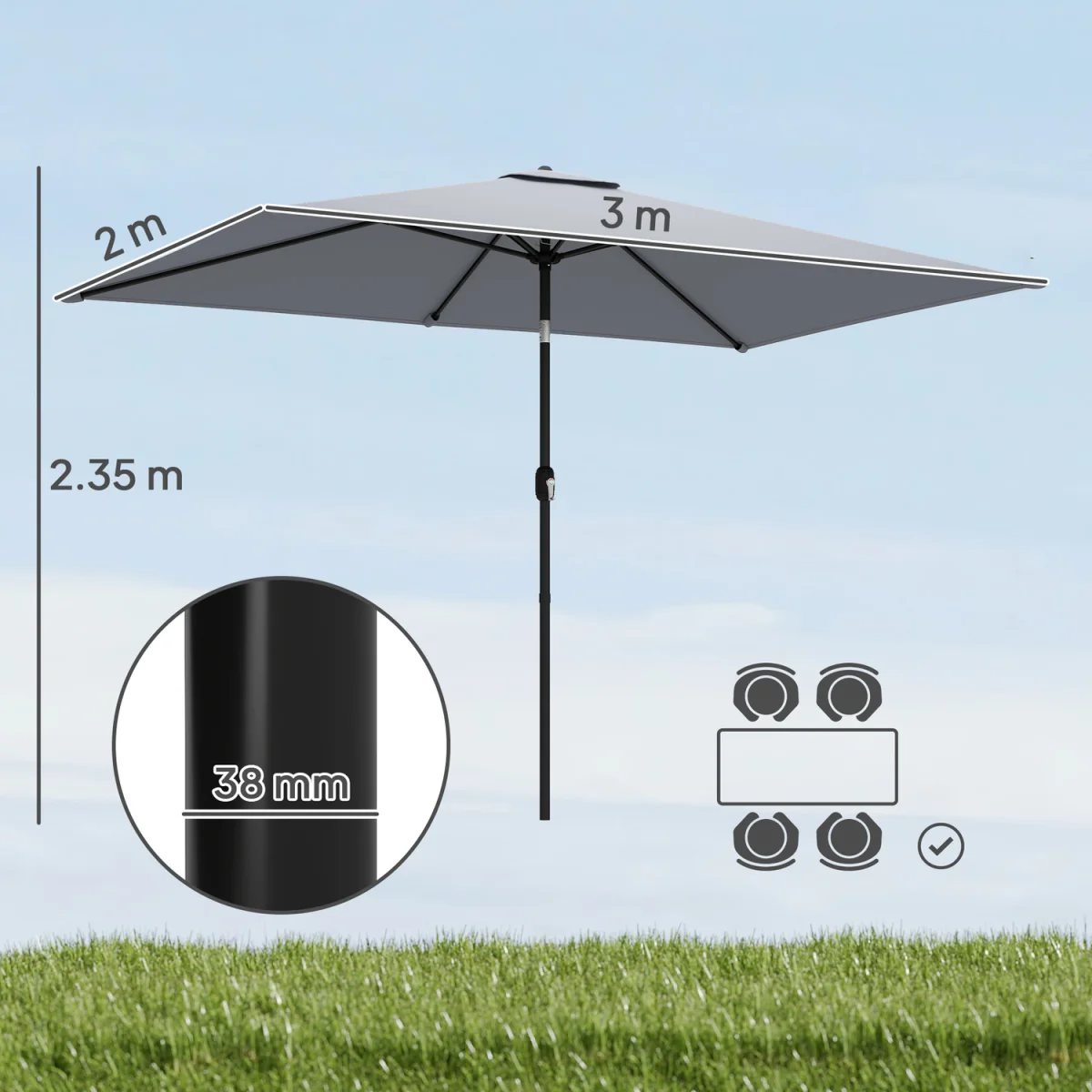 Outsunny Garden Parasol, Outdoor Umbrella with Tilt Function - Light Grey – image 3
