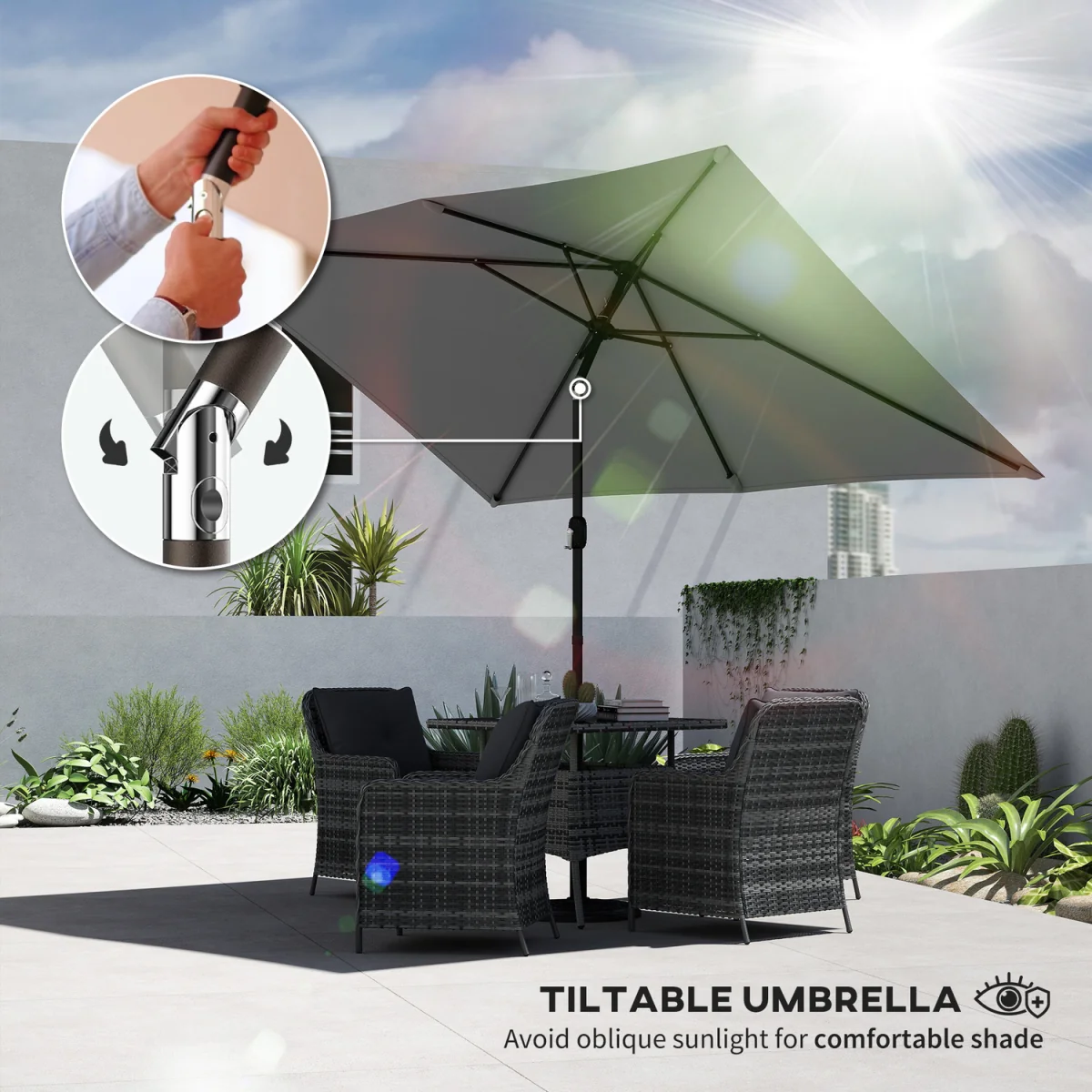 Outsunny Garden Parasol, Outdoor Umbrella with Tilt Function - Light Grey – image 4